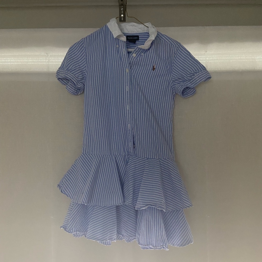 Pin stripe Oxford girls dress with ruffled bottom